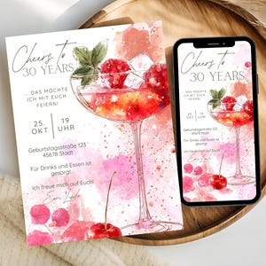 May include: A watercolor-style invitation and phone display with the text "Cheers to 30 Years." The design features a cocktail with raspberries and ice, with event details. The color palette includes pink, red, and white.