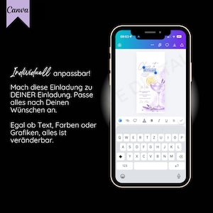 May include: A smartphone displays a customizable invitation design with a cocktail illustration. The screen shows the text "Cheers to 10 Years" and other editable elements. The Canva logo is in the upper left corner.