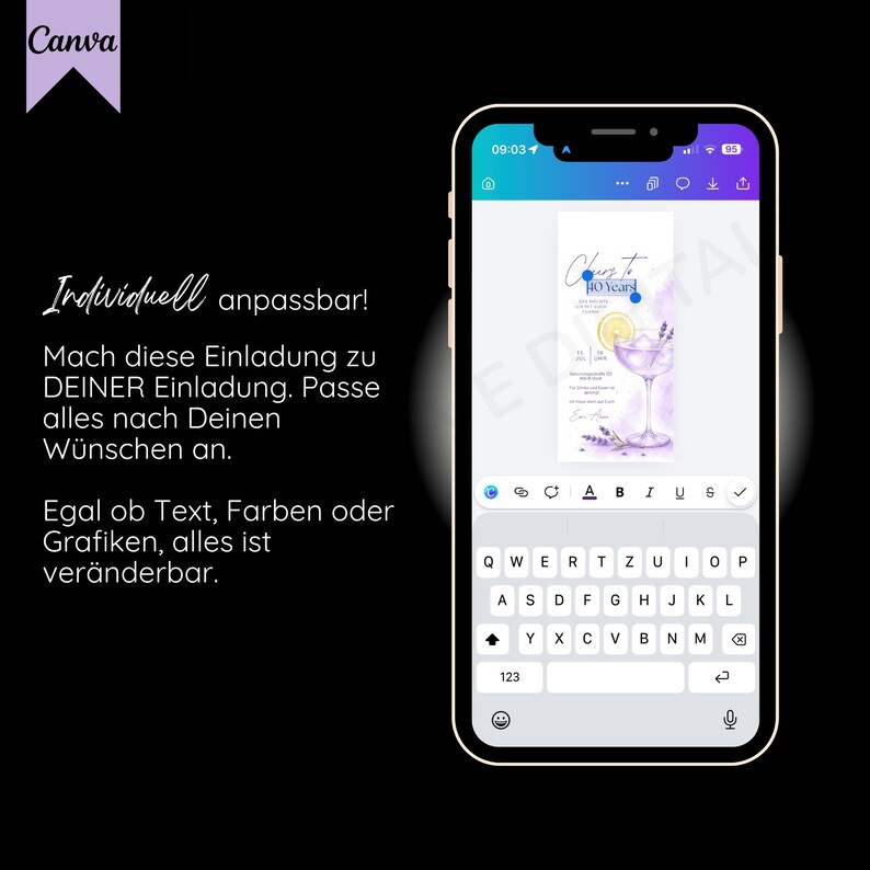 May include: A smartphone displays a customizable invitation design with a cocktail illustration. The screen shows the text "Cheers to 10 Years" and other editable elements. The Canva logo is in the upper left corner.