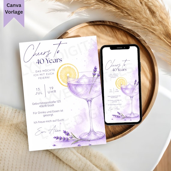 Digitale Einladungskarte, Einladung zum Geburtstag, Lavendel Spritz Einladung,  Einladung zum Geburtstag 30, 40, 50, 60, Vorlage Einladung