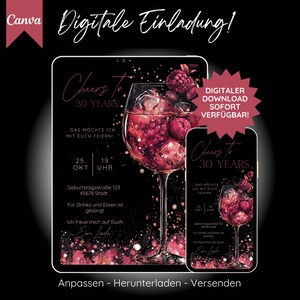 May include: Digital invitation design with a black background, featuring a wine glass filled with berries and ice. The text "Cheers to 30 Years" is displayed, along with event details. The design is available for digital download.
