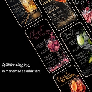 May include: A collection of smartphone screens displaying invitation designs for milestone celebrations. The designs feature cocktail illustrations, elegant typography, and the phrases "Cheers to 30 Years" and "Cheers to 40 Years."