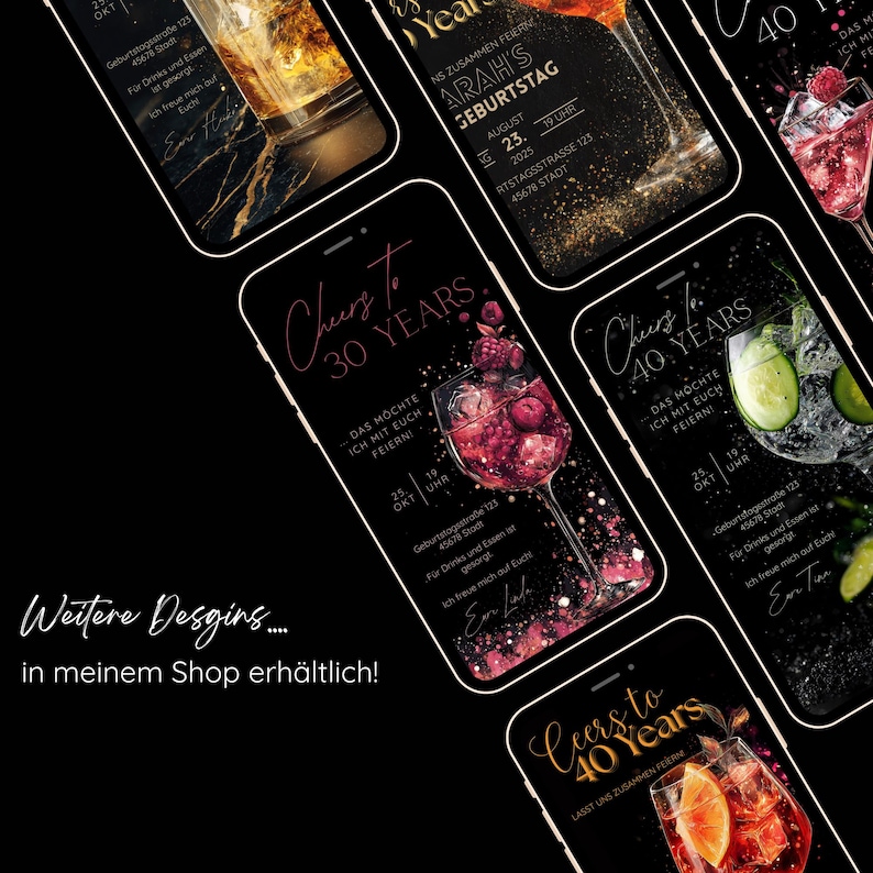 May include: A collection of smartphone screens displaying invitation designs for milestone celebrations. The designs feature cocktail illustrations, elegant typography, and the phrases "Cheers to 30 Years" and "Cheers to 40 Years."