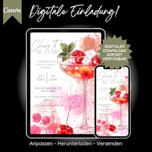 May include: Digital invitation design featuring a cocktail illustration with raspberries and cherries. The text reads "Cheers to 30 Years" and includes event details. The design is displayed on a tablet and a smartphone.