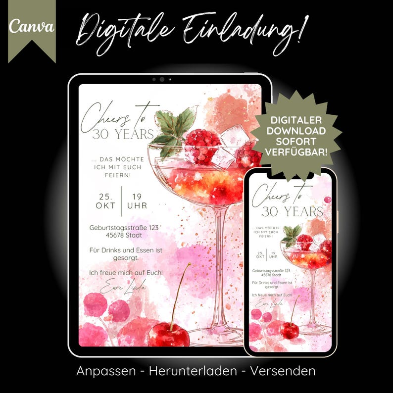 May include: Digital invitation design featuring a cocktail illustration with raspberries and cherries. The text reads "Cheers to 30 Years" and includes event details. The design is displayed on a tablet and a smartphone.