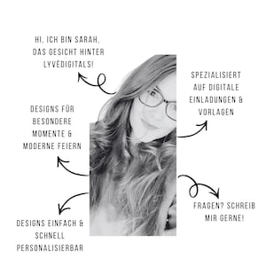 May include: Black and white image featuring a woman with glasses. Text includes "Designs for special moments & modern celebrations" and "Designs easy & quickly customizable." Additional text: "Specializing in digital invitations & templates."