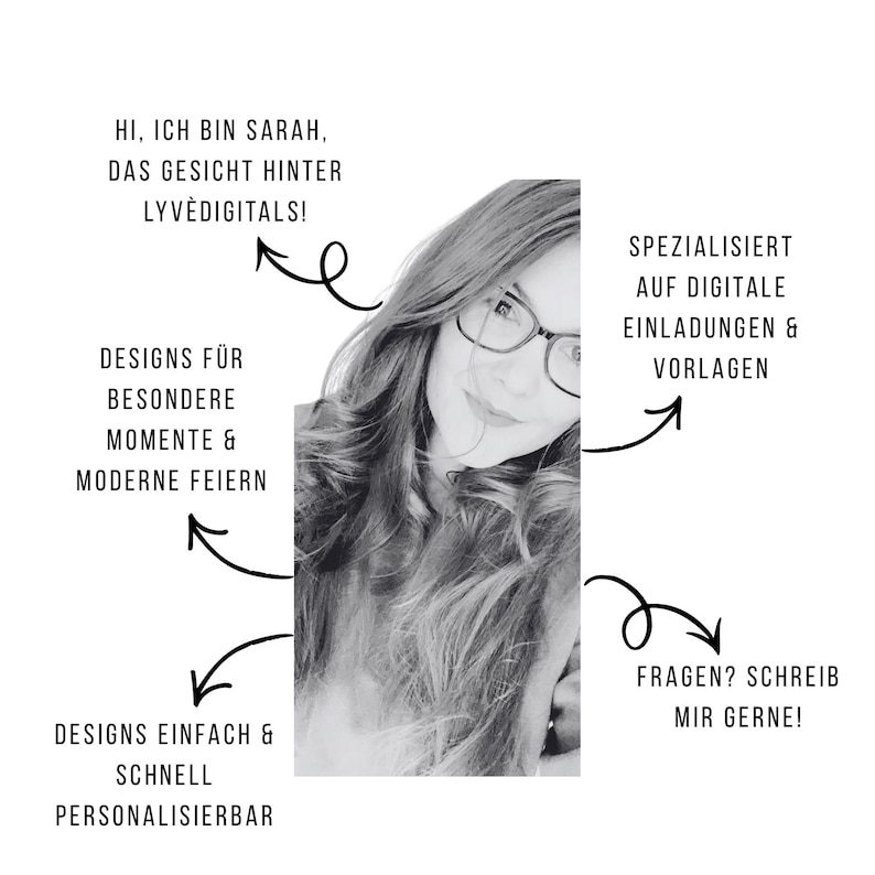 May include: Black and white image featuring a woman with glasses. Text includes "Designs for special moments & modern celebrations" and "Designs easy & quickly customizable." Additional text: "Specializing in digital invitations & templates."