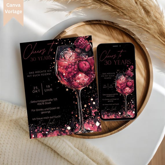 Digitale Einladungskarte zum Geburtstag mit Cocktailglas, Cheers Einladung Canva, 20. 30. 35. 40. 50. 60. Geburtstag, Canva eCard Vorlage