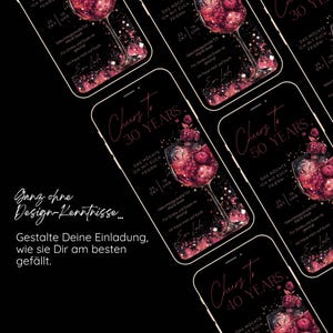 May include: Black background with multiple smartphones displaying party invitations. Each invitation features a wine glass filled with berries, the text "Cheers to" and a number, such as 30, 40, or 50 years. Additional text is present.