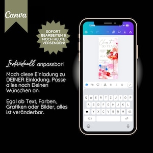 May include: A smartphone displays a digital invitation with a cocktail graphic and the text "Cheers to 30 Years." The screen shows editing tools and a keyboard. The Canva logo and text in German are also visible.