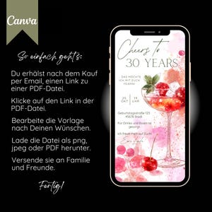 May include: A digital invitation on a smartphone screen with the text "Cheers to 30 Years." The design features a watercolor cocktail with cherries and the date October 25th. Instructions on how to use the template are also included.
