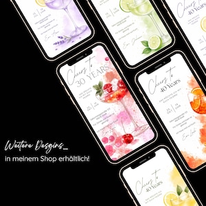 May include: A collection of smartphones displaying watercolor cocktail illustrations. Each phone features a different drink, with text that reads "Cheers To" followed by a number, and event details. The background is black with the text "Weitere Desgins.... in meinem Shop erh&auml;ltlich!"