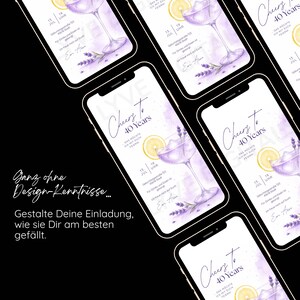 May include: A collection of smartphones displaying a digital invitation for a 40th birthday celebration. The design features a watercolor illustration of a cocktail, lavender, and lemon slices, with the text "Cheers to 40 Years".