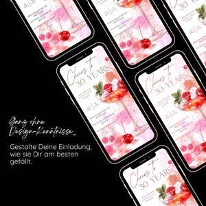May include: A digital invitation design on multiple smartphones, featuring a cocktail illustration with cherries and ice. The text reads "Cheers to 30 Years" and includes event details. The background is a watercolor wash of pink and red.