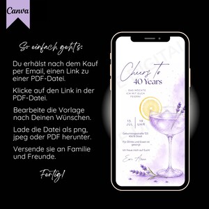 May include: A smartphone displays a digital invitation for a 40th birthday celebration. The design features a watercolor-style cocktail, lavender sprigs, and the text "Cheers to 40 Years." Instructions for use are also included.