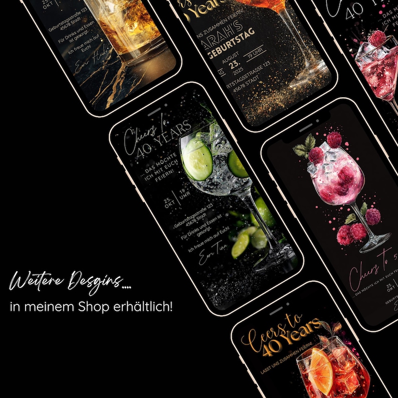 Digital birthday invitation card with cocktail glass, Cheers invitation Canva, 20th, 30th, 35th, 40th, 50th, 60th birthday, Canva eCard template image 6