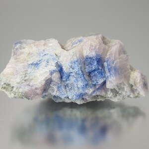 May include: A rough-hewn mineral specimen with a mix of colors. The rock features patches of deep blue, pale lavender, and white, creating a striking contrast. The surface has a crystalline texture, and the overall shape is irregular.