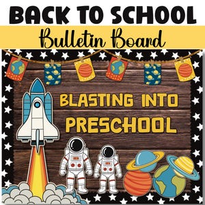 Blasting Into Preschool Bulletin Board | Back to School Space Theme Decor | Rocket Classroom Door Display | Instant Download