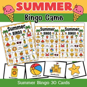 Gioco del Bingo Estivo Stampabile – 30 Cartelle del Bingo per Bambini / Attività Estiva Divertente / Gioco per Feste in Spiaggia / Download Istantaneo