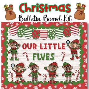 以下が含まれることがあります： 赤と黒で「Christmas Bulletin Board Kit」と書かれたクリスマス掲示板キット。キットには、エルフの切り抜き、キャンディケーン、赤と緑のデザインのバナーが含まれています。「Our Little Elves」という言葉も表示されています。