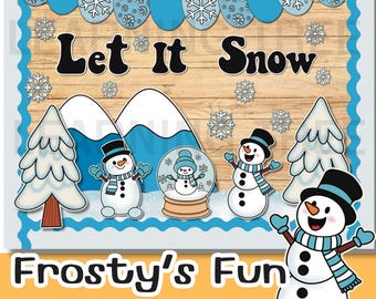 Może przedstawiać: Tablica ogłoszeniowa z motywem zimowym z tekstem "Let It Snow" i bałwanem w niebieskim szaliku. Tablica zawiera również kulę śnieżną z bałwanem w środku, dwa drzewa i góry. Tekst "Frosty's Fun Bulletin Board" znajduje się na dole obrazu.