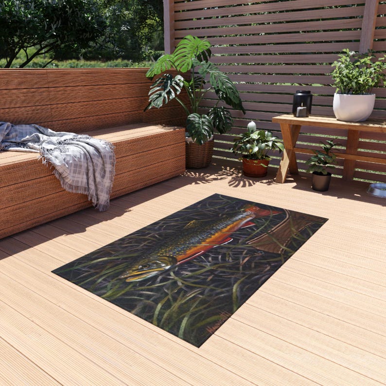 Outdoor Rug Fish Brook Trout Outdoor Rug Fishing Welcome Mat Cabin Rustic Nature ...