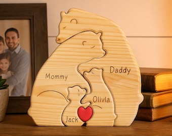 Personalised Wooden Bear Family Puzzle – Custom Anniversary Gift | Rustic Couple or Family Decor with Custom Names, Family Keepsake