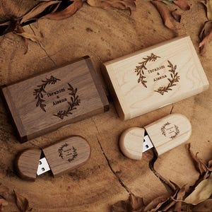 Clé USB en bois personnalisée avec logo personnalisé, nom et date Stockage de photos souvenir pour mariages, cadeaux Gravure personnalisée pour photographes