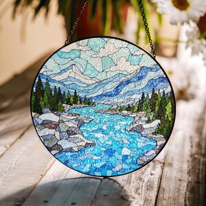 Mountain River Stained Glass Suncatcher Nature Landscape Window Decor Gift for Adventurers, Nature Lovers, Friends, or Family