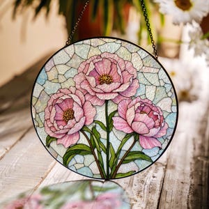 Pink Peony Floral Stained Glass Suncatcher Window Decor Gift for Mom