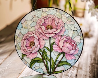 Pink Peony Floral Stained Glass Suncatcher Window Decor Gift for Mom