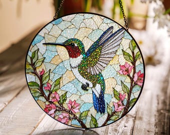 Atrapasol de colibrí de vitral, colorido regalo artístico para ventanas para amantes de las aves