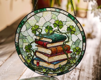 Stained Glass Books and Clovers Suncatcher Book Lover Gift Window Decor for Teacher Friend Bibliophile