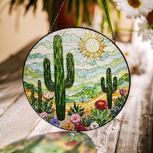 Suncatcher stained glass cactus desert scene gift for mom Mothers Day gift Christmas gift