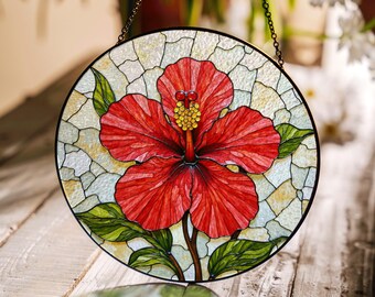 Red hibiscus flower stained glass suncatcher floral window decor gift for mom or garden lovers