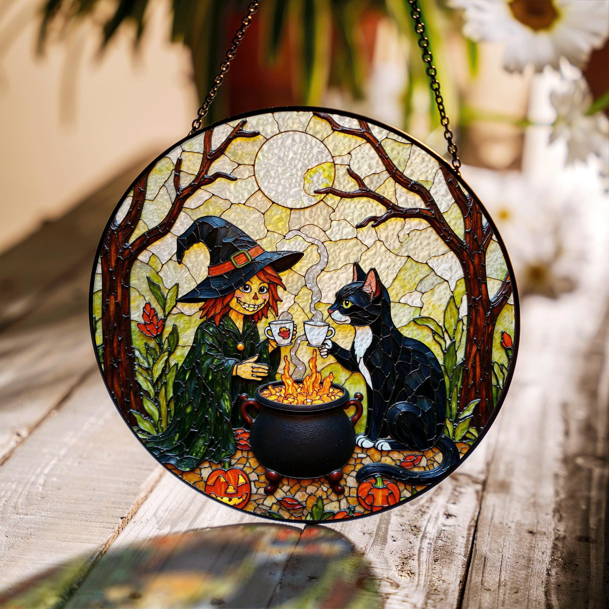 サンキャッチャーステンドグラス魔女と黒猫のお母さんへのハロウィン