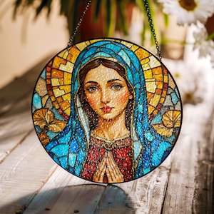 Virgin Mary Stained Glass Suncatcher Religious Art Sun Catcher for Home Decor Gifts