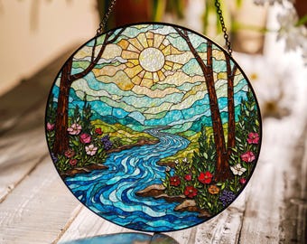 空と石の川の風景サンキャッチャーステンドグラスアート自然愛好家への