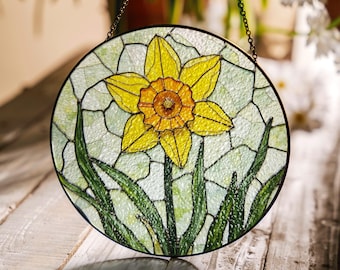 Stained Glass Daffodil Suncatcher Bright Yellow Flower Decorative Window Gift