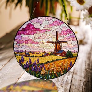 Dutch windmill field landscape floral stained glass suncatcher window hanging gift for mom