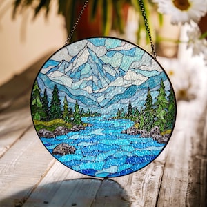 Stained Glass Mountain River Suncatcher Nature Art Gift for Nature Lovers