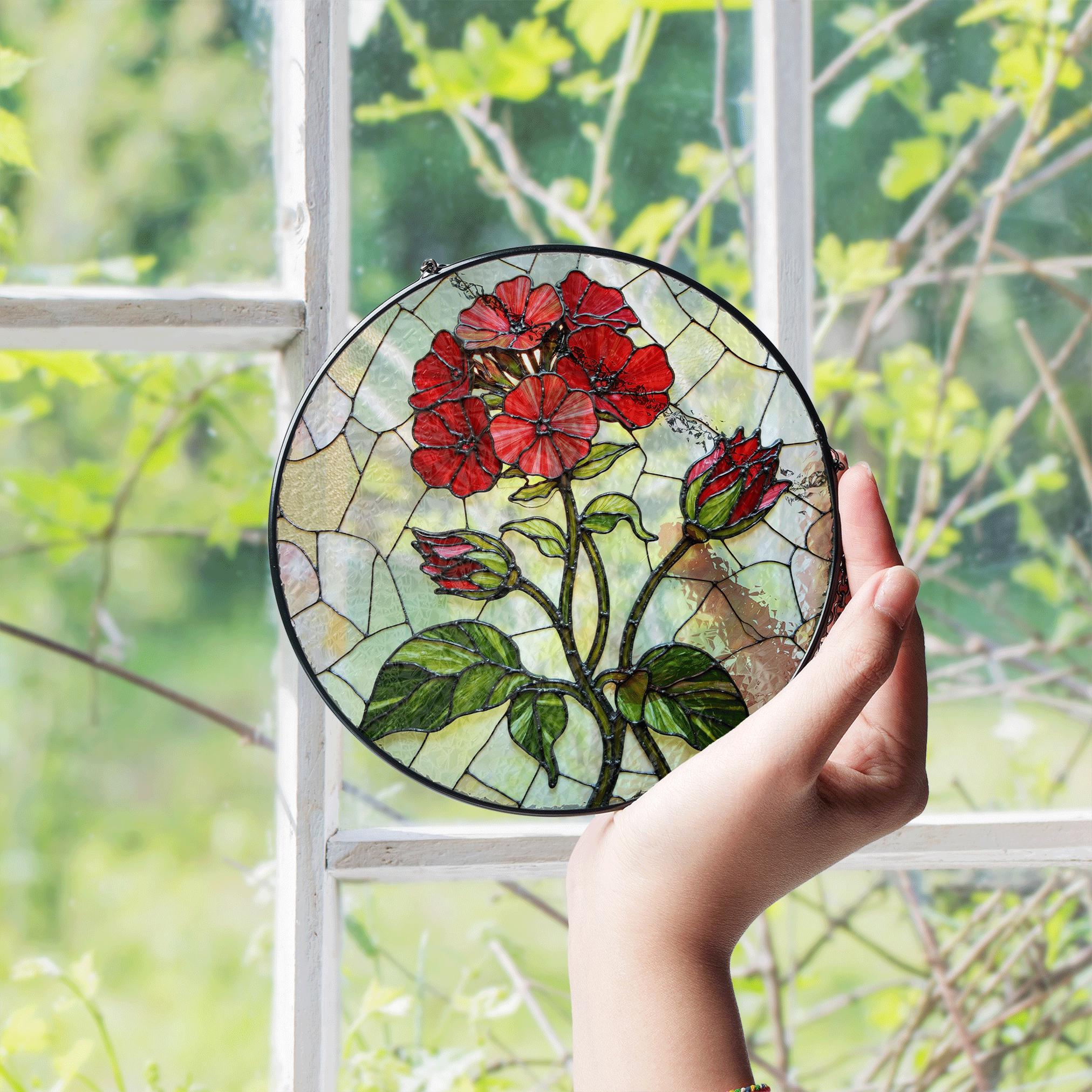 赤いゼラニウムの花のステンドグラスの丸型サンキャッチャー窓装飾 