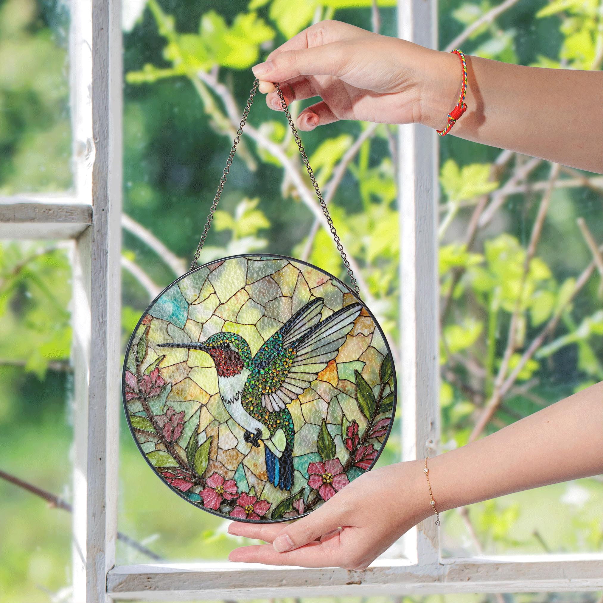BOXCASA Acchiappasole In Vetro Colorato: Decorazione Floreale Con Colibrì Da Appendere Alla Finestra. Regalo Originale Per Gli Amanti Degli Uccelli E Della Natura (Rosa)