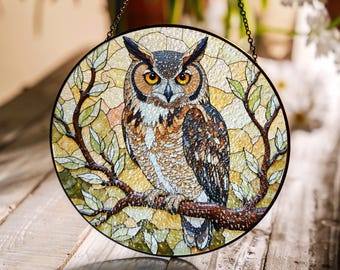 Owl Stained Glass Suncatcher with Branch Decor Handmade Gift for Nature Lovers