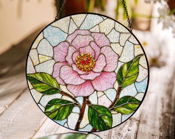 Pink flower stained glass round suncatcher window hanging floral decor gift for mom