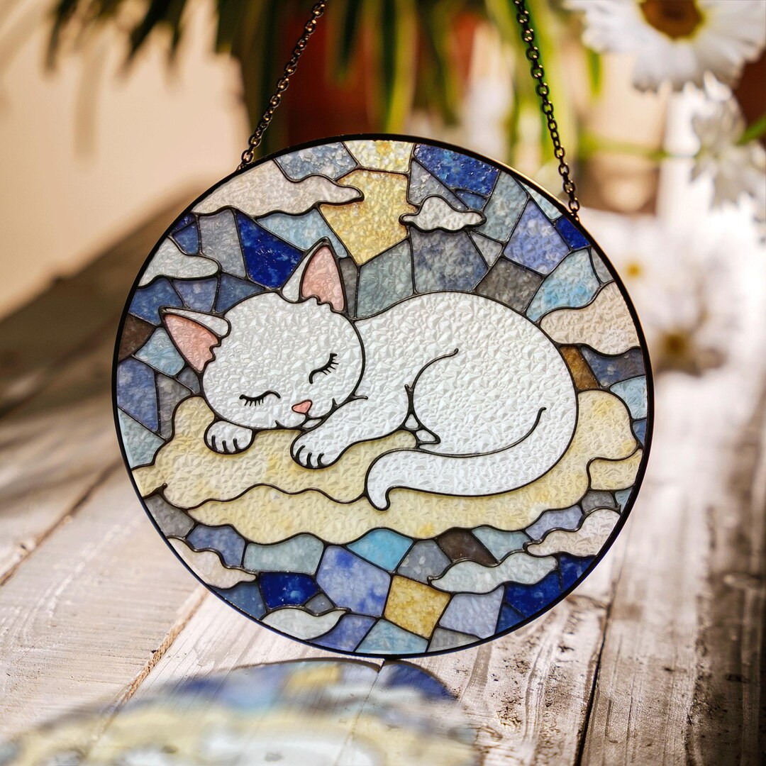 Sleeping Cat Suncatcher Stained Glass Window Hanging Gift for Cat ...