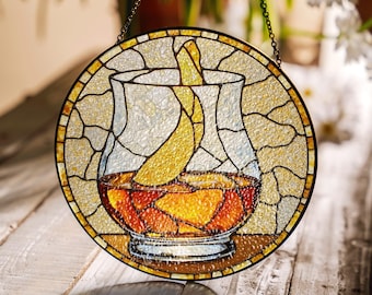 Stained Glass Drink Suncatcher with Lemon Slice Sun Catcher Gift for Cocktail Lovers