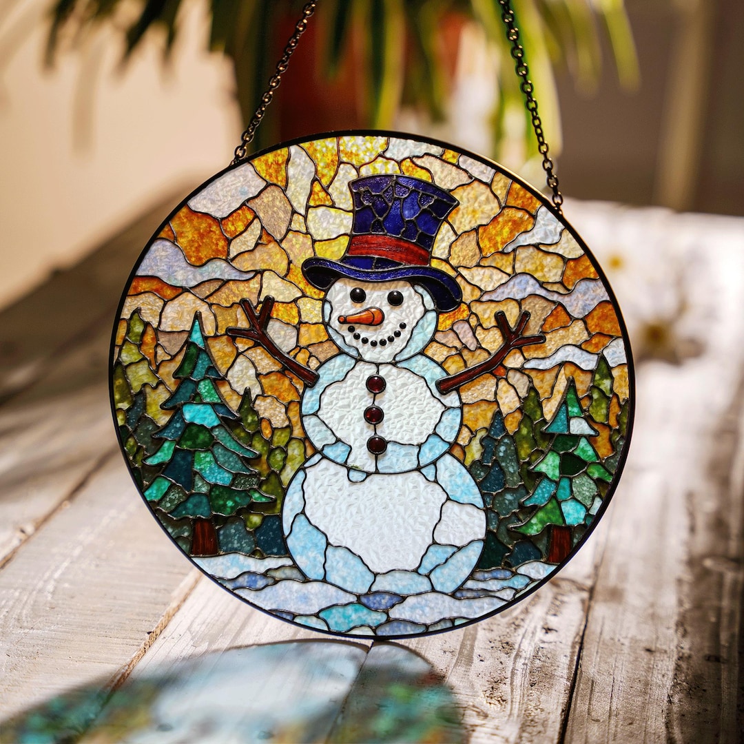 Snowman Stained Glass Window Hanging Suncatcher Winter Gift for ...