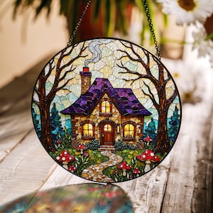 Whimsical cottage house suncatcher stained glass window decor fairy tale forest gift for her birthday Christmas