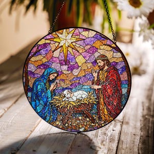 Nativity Stained Glass Suncatcher Religious Christmas Gift Window Ornament